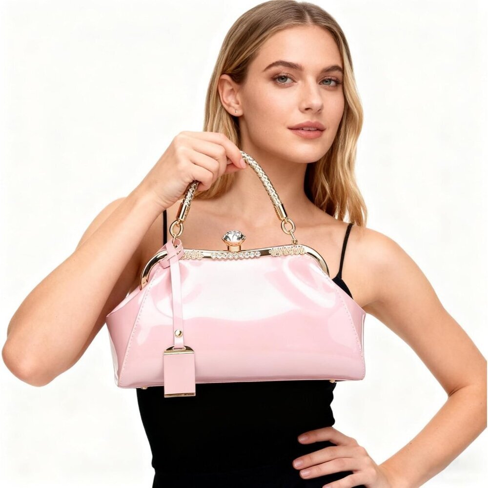 Women's Pink Faux Leather Top Handle Evening Retro Easy Durable Tote Bag - Picture 2 of 6